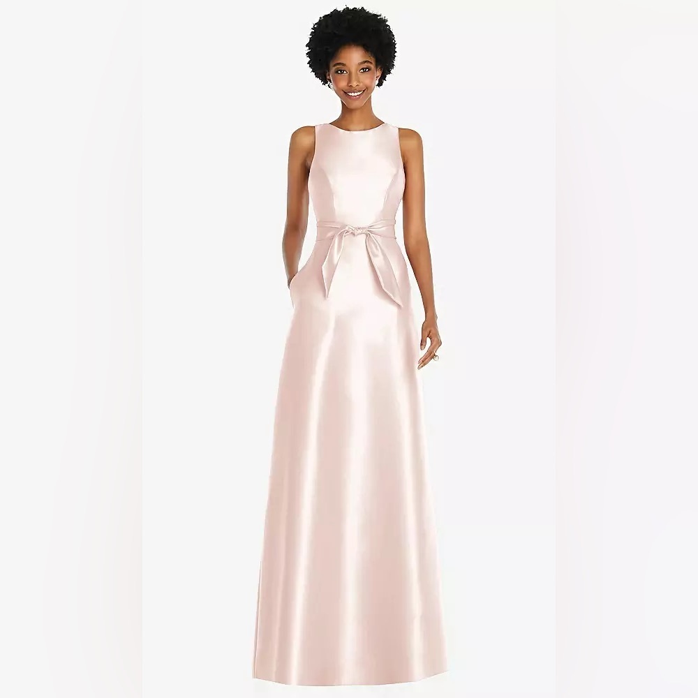 ALFRED SUNG Blush Pink Satin A-Line Wedding Dress with Waist Bow